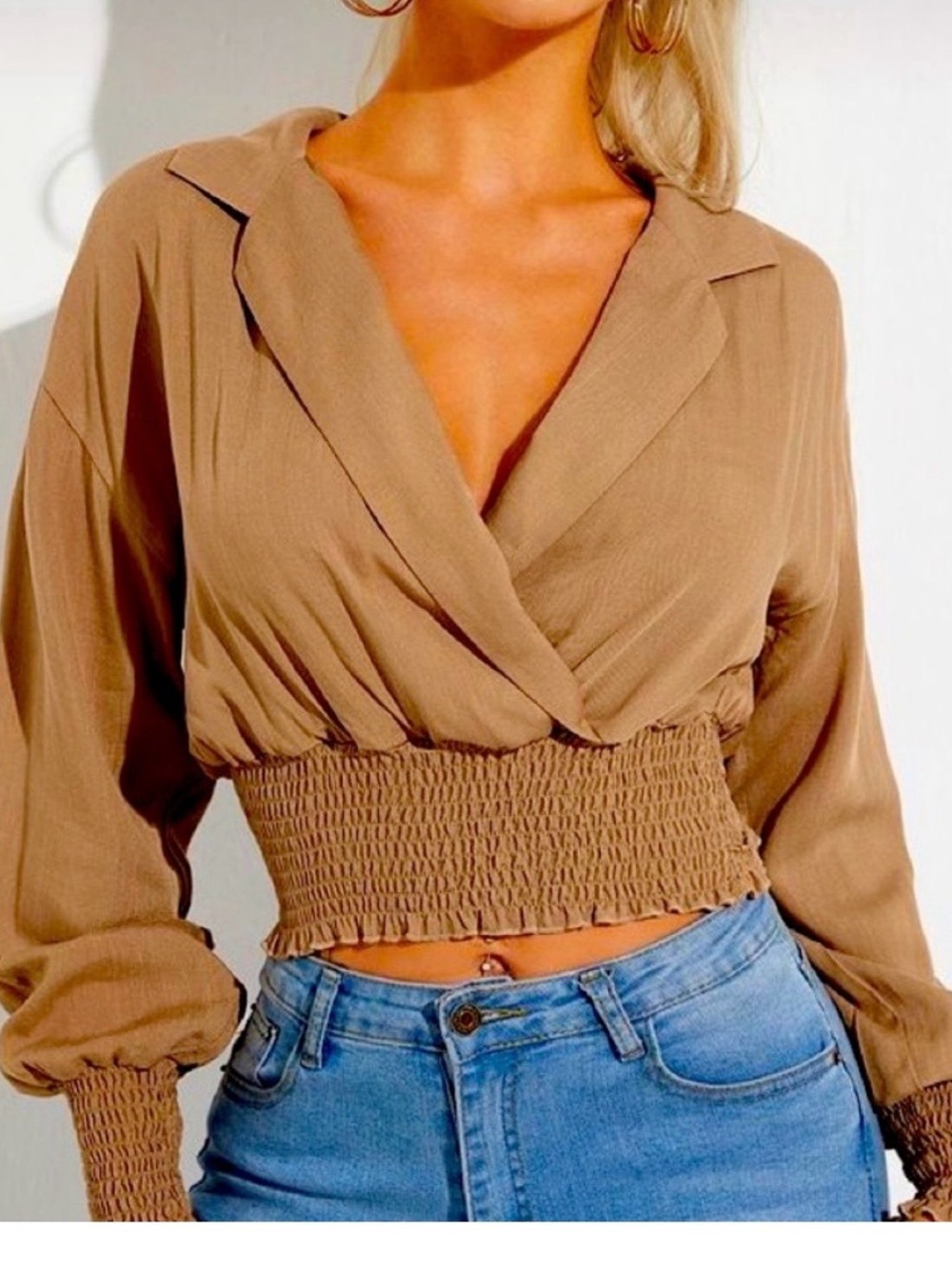 HYFVE Cropped Smocked Waist Surplice Blouse in Tan Nordstrom original tag large